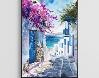 Mykonos Watercolor Poster – Greece Island Wall Art Print, Coastal Travel Home Decor