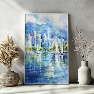 VANCOUVER Watercolor Poster – Canada Wall Art Print, British Columbia Decor, Framed or Canvas Cityscape, Gastown Skyline Illustration