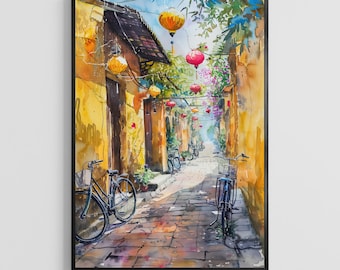 Hoi An Watercolor Poster, Vietnam Lantern Art Print, Asian Travel Wall Decor Gift