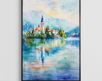 Aquarel poster Lake Bled Slovenië – Natuurkunst aan de muur