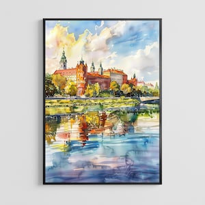 May include: Watercolour painting of a castle with red roofs and multiple towers, reflected in the water below. The sky is a mix of blue and white clouds. The artwork is framed in a black border.