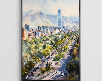 Santiago Watercolor Poster – Chile City Art Print, Mountain Capital Travel Wall Decor