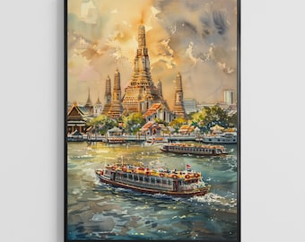 Aquarel poster Bangkok – Thailand stad muurkunst print, reizen woondecoratie cadeau