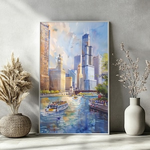 CHICAGO Watercolor Poster – USA City Print, Skyline Wall Art, Illinois Travel Decor, Watercolor Cityscape Sketch, Framed or Canvas