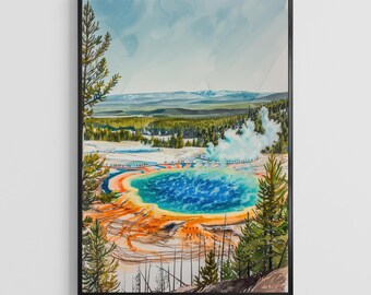 Aquarelposter van Yellowstone National Park, illustratie van een geothermisch landschap, westerse decoratie.