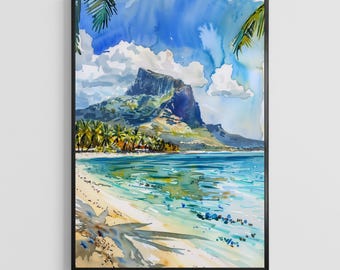 Mauritius Watercolor Poster – Tropical Island Art Print, Ocean Travel Wall Decor for Home