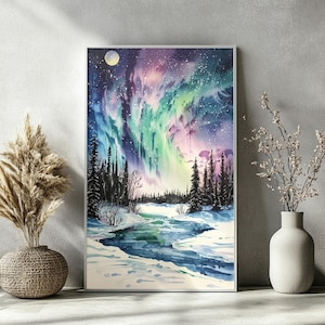 AURORA BOREALIS Wall Art – Watercolor Northern Lights Poster, Arctic Night Sky Print, Nature Landscape Decor