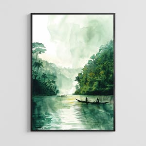 Könnte beinhalten: Aquarellmalerei einer Flussszene mit üppigen grünen Bäumen und einem Boot mit zwei Personen. Das Kunstwerk hat eine ruhige, natürliche Ausstrahlung mit sanften Grün- und Blautönen. Das Gemälde ist in einem schwarzen Rahmen gerahmt.