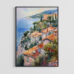 Èze France Watercolor Poster – Riviera Village Art Print, French Coastal Wall Decor