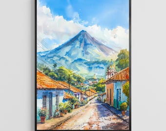 El Salvador Watercolor Travel Poster, Central America Art Print, Volcano Decor Gift