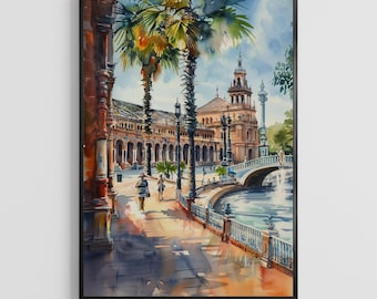 Seville Watercolor Poster – Spain City Art Print, Colorful Andalusia Travel Wall Decor