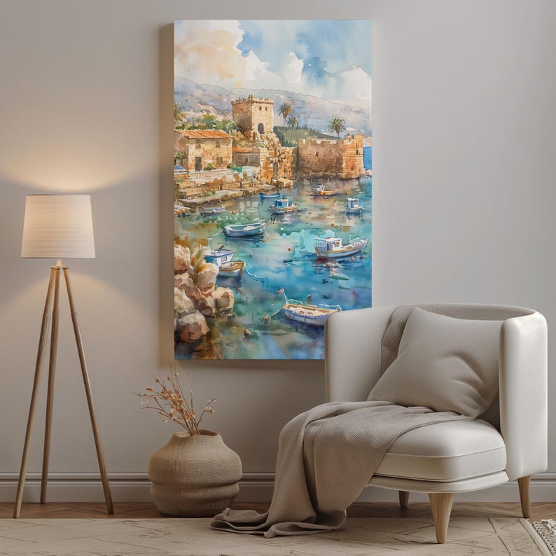 May include: Watercolor painting of a coastal town with boats in the harbor. The artwork features a stone fortress, buildings, and palm trees under a blue sky with clouds. The water is a vibrant turquoise color.