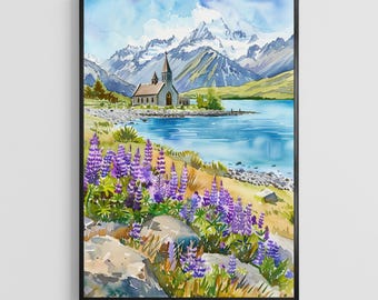 Affiche de voyage aquarelle Nouvelle-Zélande, impression d'art Kiwi, décoration murale aventure océanique