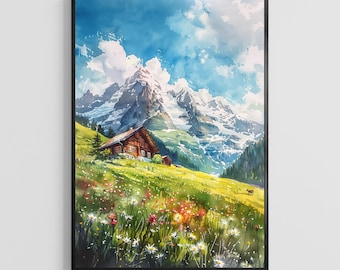Switzerland Watercolor Poster – Alpine Landscape Art Print, European Travel Wall Decor