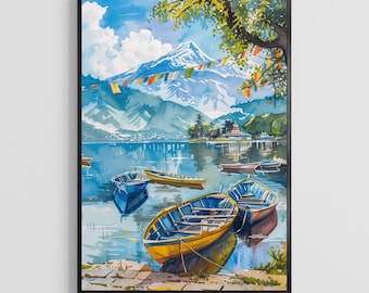 Pokhara-Aquarellposter, Nepal-Bergkunstdruck, Himalaya-Wanddeko-Geschenk