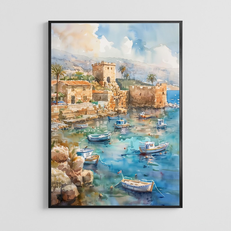 May include: Watercolor painting of a coastal scene with a stone fortress, buildings, and boats in the water. The artwork features a blue and turquoise color palette, with palm trees and a cloudy sky. The painting is framed in a black frame.