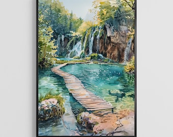 Plitvice Lakes Watercolor Poster – Croatia Landscape Wall Art Print, Nature Travel Home Decor