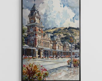 Dunedin Watercolor Poster – New Zealand City Wall Art Print, Coastal Travel Decor Gift