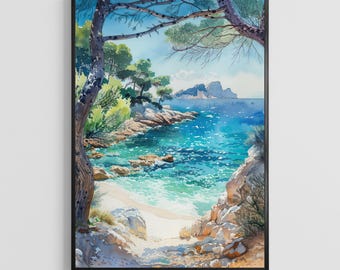 Póster de viaje en acuarela de Ibiza, España / Lámina decorativa para pared de la isla mediterránea