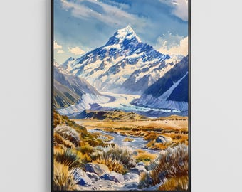 Aoraki Mount Cook Watercolor Poster – Nature Wall Art Print, Travel Home Decor Gift