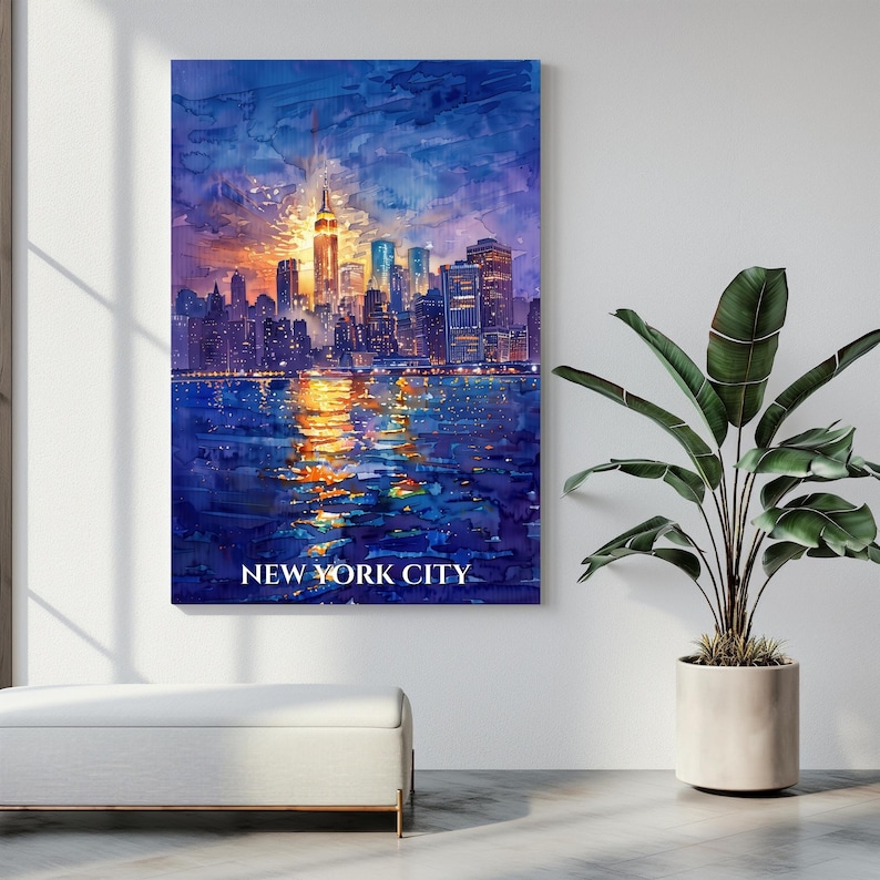 New York City USA Watercolor Travel Poster | Manhattan Skyline Brooklyn ...