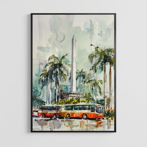 Könnte beinhalten: Aquarellmalerei einer Stadtszene mit Palmen, Bussen und einem hohen Obelisken. Das Kunstwerk zeigt eine Farbpalette aus Orange, Weiß und Türkis. Die Busse sind orange und weiß, und der Obelisk ist weiß.