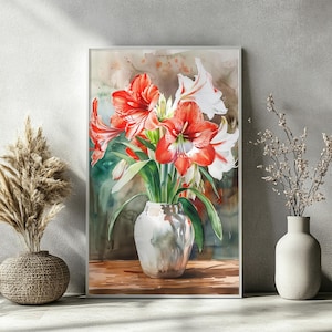AMARYLLIS Wall Art – Watercolor Flower Poster, Red Bloom Print, Botanical Winter Flower Decor