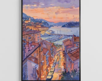 Monte Carlo Watercolor Poster – Monaco Coastal City Art Print, Elegant Riviera Wall Decor