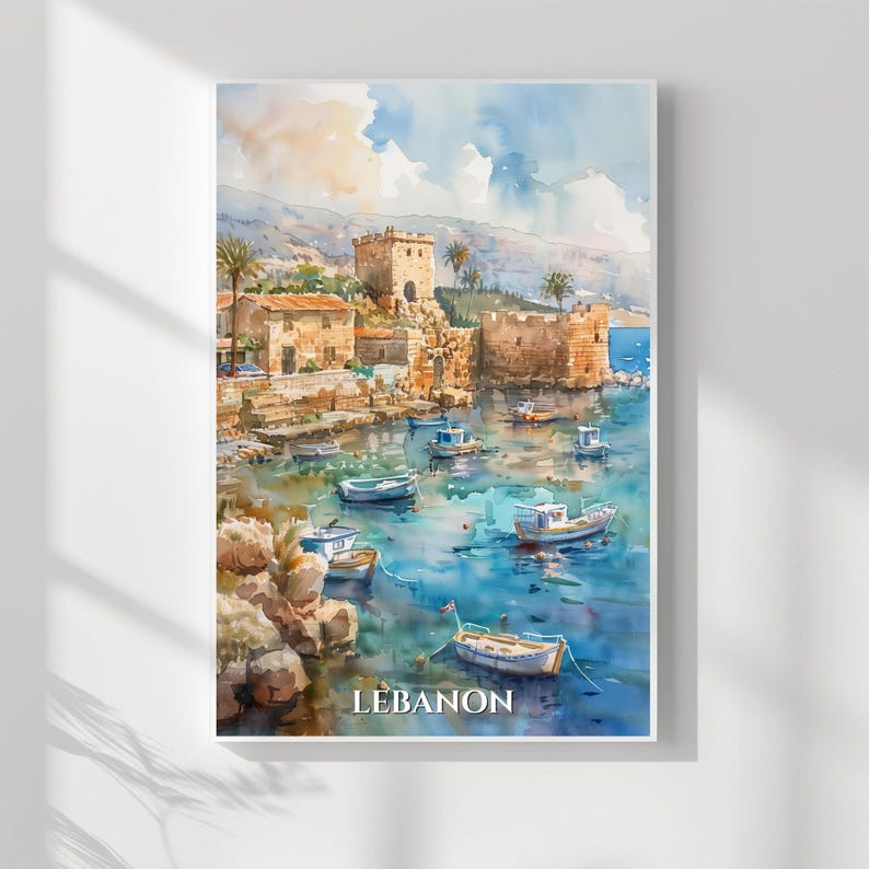 May include: Watercolor painting of a coastal scene with boats in the water and stone buildings. The artwork features a harbor with several small boats, a fortress, and the word "LEBANON" at the bottom.