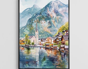 Austria Watercolor Poster – Alpine Europe Art Print, Scenic Travel Wall Decor for Home