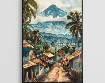 Buea Watercolor Poster, Cameroon Mountain Illustration, West African Scenic Decor