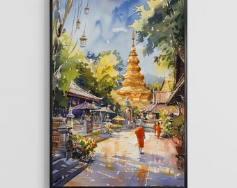 Chiang Mai Watercolor Poster – Thailand City Art Print, Temple and Nature Travel Decor