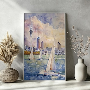 Poster aquarelle AUCKLAND – Art mural horizon de la ville de Nouvelle-Zélande
