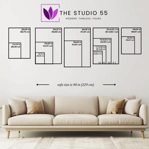 May include: A display of framed art prints in various sizes, including 11x14 inches, 16x20 inches, and 24x36 inches, against a white wall. The text "THE STUDIO 55" is at the top. The sofa size is 90 inches (229 cm).