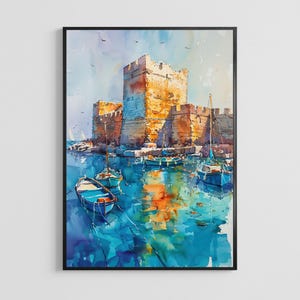 Poster di viaggio ad acquerello di Paphos, Cipro / Stampa artistica da parete del porto antico del Mediterraneo, idea regalo