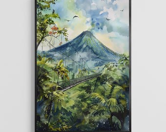 Costa Rica Watercolor Poster, Central America Nature Illustration, Tropical Scenic Decor