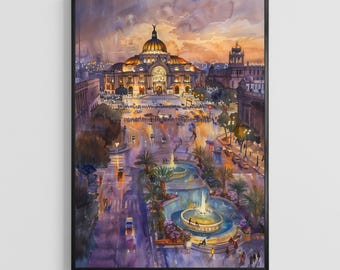 Mexico City Watercolor Poster – Urban Skyline Art Print, Mexico Travel Wall Decor for Home