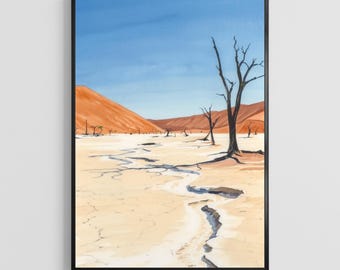 May include: Watercolor painting of a desert landscape with a cracked, dry riverbed. The artwork features a blue sky, orange sand dunes, and several bare trees. The painting is framed in a black border.