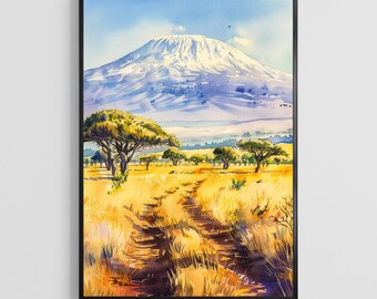 Mount Kilimanjaro Watercolor Poster – Tanzania Mountain Wall Art Print, Travel Decor Gift
