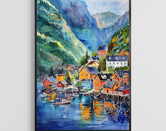 Norway Watercolor Poster – Nordic Landscape Art Print, Scandinavian Travel Wall Decor