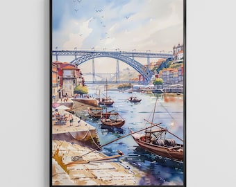 Porto-Aquarellposter – Wandbild der portugiesischen Stadt, Reise-Architektur-Dekoration