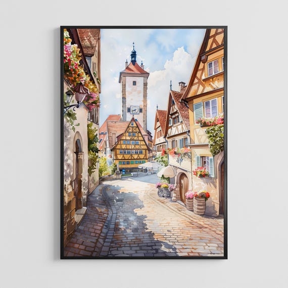 Rothenburg ob der Tauber Germany Watercolor Poster – Medieval Town Art Print, Bavaria Wall Decor