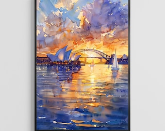 Australia Watercolor Poster – Ocean Landscape Art Print, Travel Wall Decor for Home