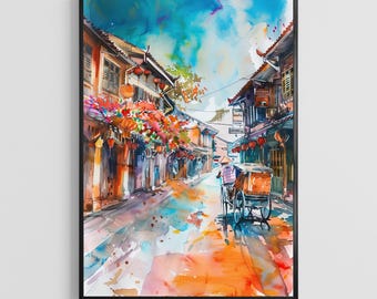 May include: Watercolor painting of a street scene with buildings, lanterns, and a rickshaw. The artwork features vibrant colors, including orange, blue, and red. The buildings have traditional architecture, and the sky is a mix of blue and white.
