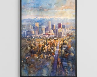 Denver Colorado Watercolor Poster – Rocky Mountains City Art Print, Urban Landscape Wall Decor