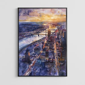 Póster de acuarela de Cincinnati, Ohio – Lámina artística del horizonte de la ciudad, decoración de pared urbana estadounidense