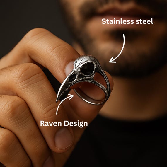 Raven Skull Ring Silver Gothic Crow Jewelry Witchcore Pagan Bird Skull Stainless Steel Ring Dark Vintage Punk Alternative Metal Gift Unisex
