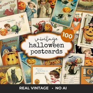 Peut inclure: Ensemble de cartes postales vintage d'Halloween. Les illustrations incluent des citrouilles, des chats noirs, des enfants costumés et des vœux d'Halloween. Le texte "Vintage Halloween Postcards" est affiché.