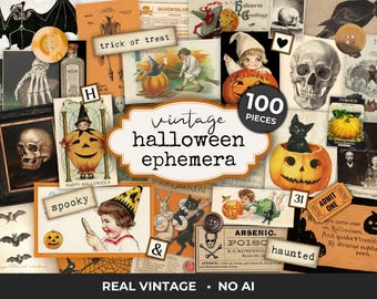 May include: A collection of vintage Halloween ephemera, including postcards, illustrations, and labels. The images feature pumpkins, skulls, bats, and children in costumes. The text includes "trick or treat", "spooky", and "vintage halloween ephemera".