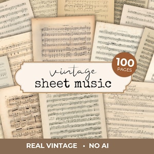 May include: A collection of vintage sheet music pages with musical notes and text. The image features a variety of aged paper sheets with handwritten musical notations. Text on the image reads "vintage sheet music", "100 pages", "Real Vintage - No AI".